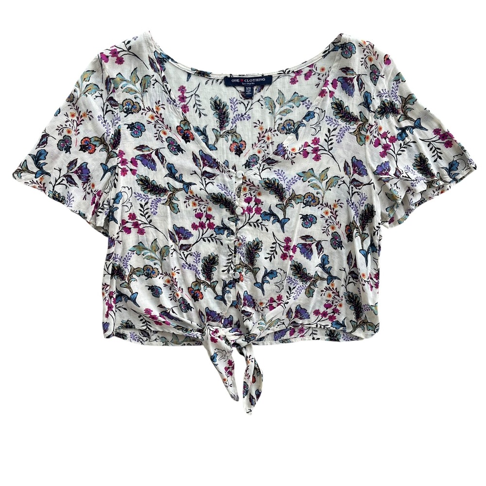ONE Clothing LA Women's XS Cream Pink Floral Tie Front Short Sleeves Crop Blouse